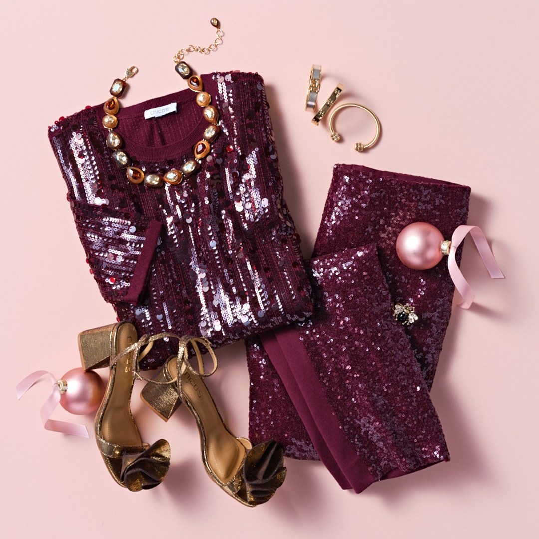 burgundy sequined holiday outfit with gold shoes and jewelry from Chicos